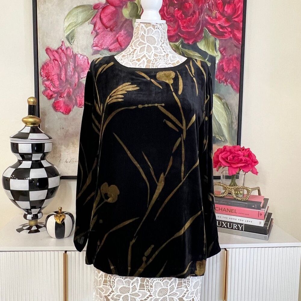 Lafayette 148 Women's Silk Floral Velvet Long Sleeve Blouse Black Gold Medium